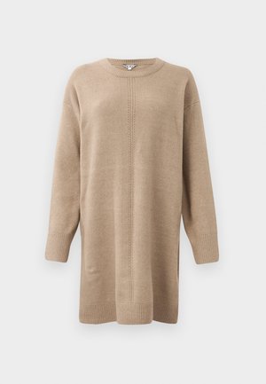 Beige gebreide trui-jurk met lange mouwen, ronde halslijn en een centrale naaddetail. Heeft ribgebreide manchetten en een zoom voor extra textuur.
