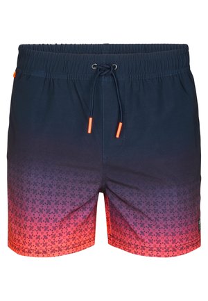 Heren zwembroek met marineblauwe elastische tailleband, trekkoord en een verloopmotief dat vervaagt van donkerblauw naar rood met kleine geometrische vormen.