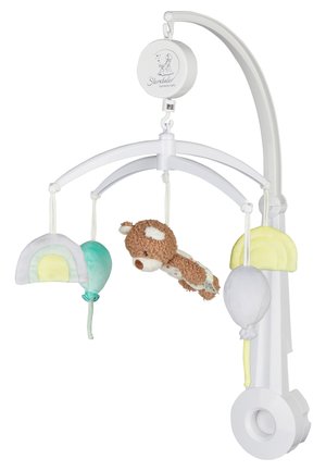 White baby crib mobile with hanging soft toys: rainbow, teal balloon, brown teddy bear, gray balloon, and yellow rainbow.