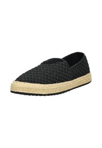 Zapato slip-on de lona negra tejida con puntera redonda, cuenta con una suela de cuerda de yute y una suela de goma negra. Forro interior suave, detalles mínimos.