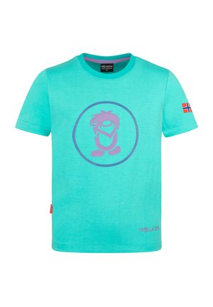 Aqua blaue kurzärmelige Kinder-T-Shirt mit einer lila Cartoonfigur in einem Kreis und einer kleinen norwegischen Flagge auf dem Ärmel.