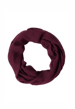 Sciarpa infinita in tessuto morbido, attorcigliata a forma circolare, di colore bordeaux intenso, esposta su uno sfondo bianco.