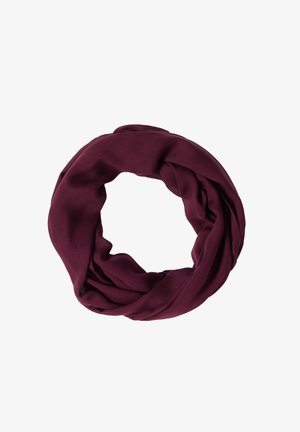 Blødt stof infinite tørklæde snoet i en cirkulær form, dyb bordeauxfarve, vist på en hvid baggrund.