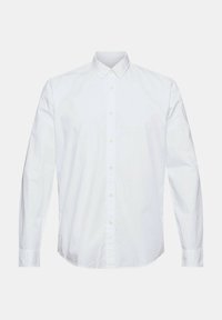 Chemise blanche à manches longues avec col et poignets, boutonnée, présentée à plat sur un fond clair uni.