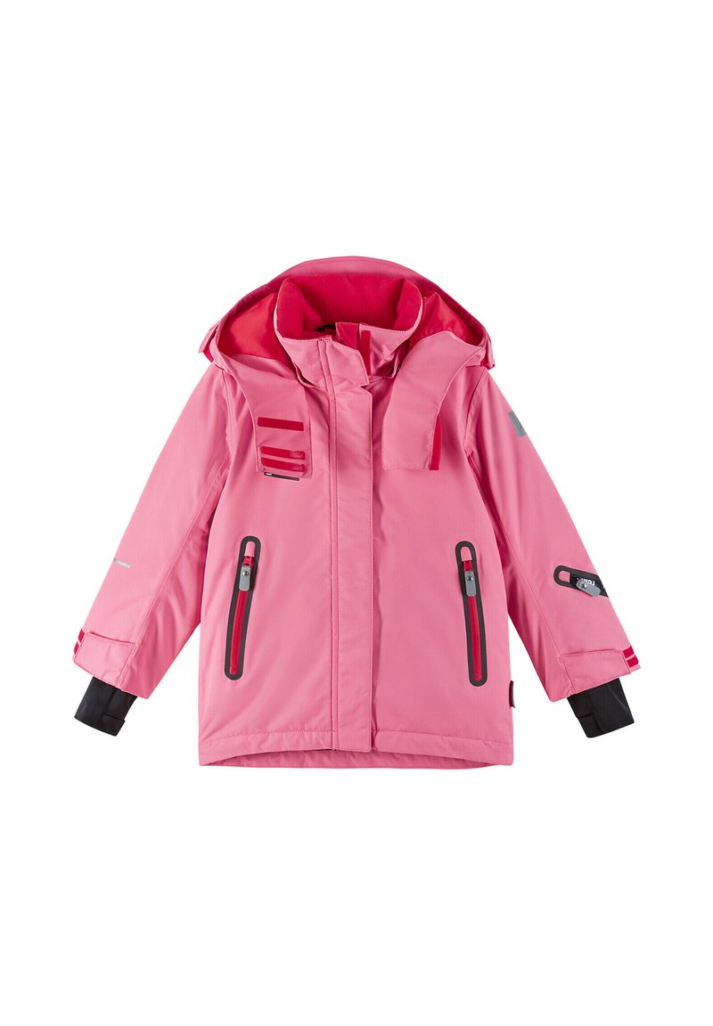Giacca isolante rosa con cappuccio, caratterizzata da dettagli neri, molteplici tasche con zip e polsini regolabili. Realizzata in materiale resistente all'acqua.