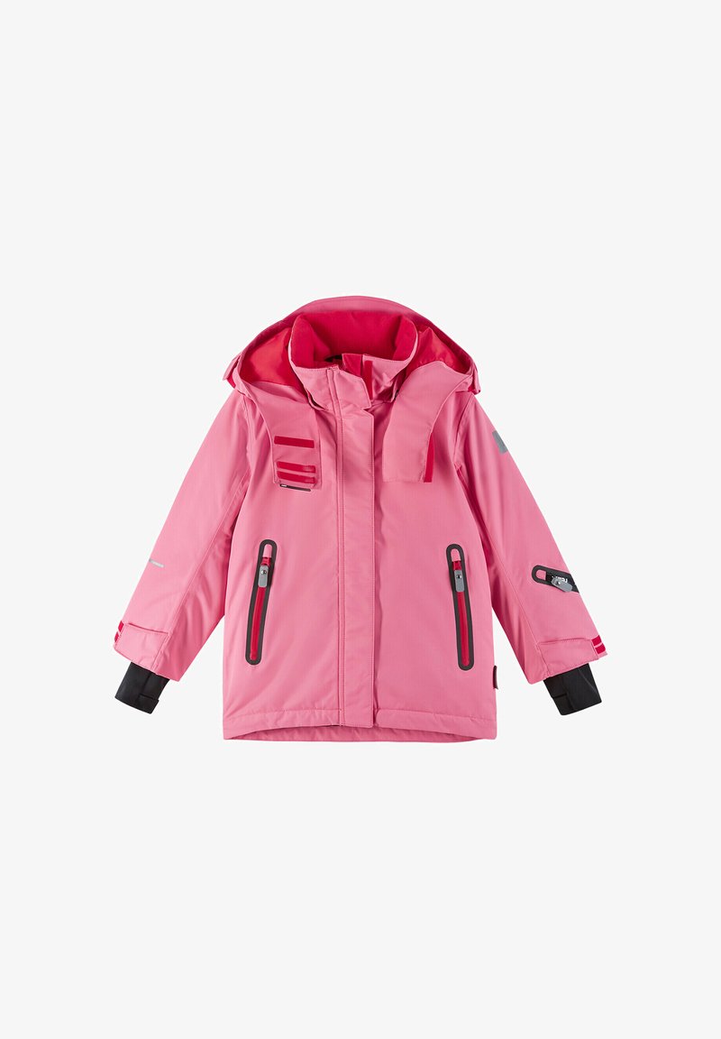 Rosa isolierte Jacke mit Kapuze, ausgestattet mit schwarzen Akzenten, mehreren mit Reißverschluss versehenen Taschen und verstellbaren Bündchen. Hergestellt aus wasserabweisendem Material.