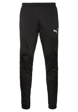 Schwarze Sporthose mit zulaufenden Beinen und elastischem Bund, mit weißem Puma-Logo an der oberen linken Oberschenkel.