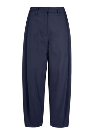 Pantaloni blu navy realizzati in tessuto leggero, con un design a gamba larga, tasche frontali e una parte anteriore piatta con passanti per cintura.