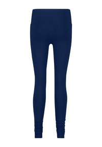 Marineblaue Leggings mit einem hohen Bündchen, glatter Textur und enganliegendem Design mit gerafften Details am Knöchel.