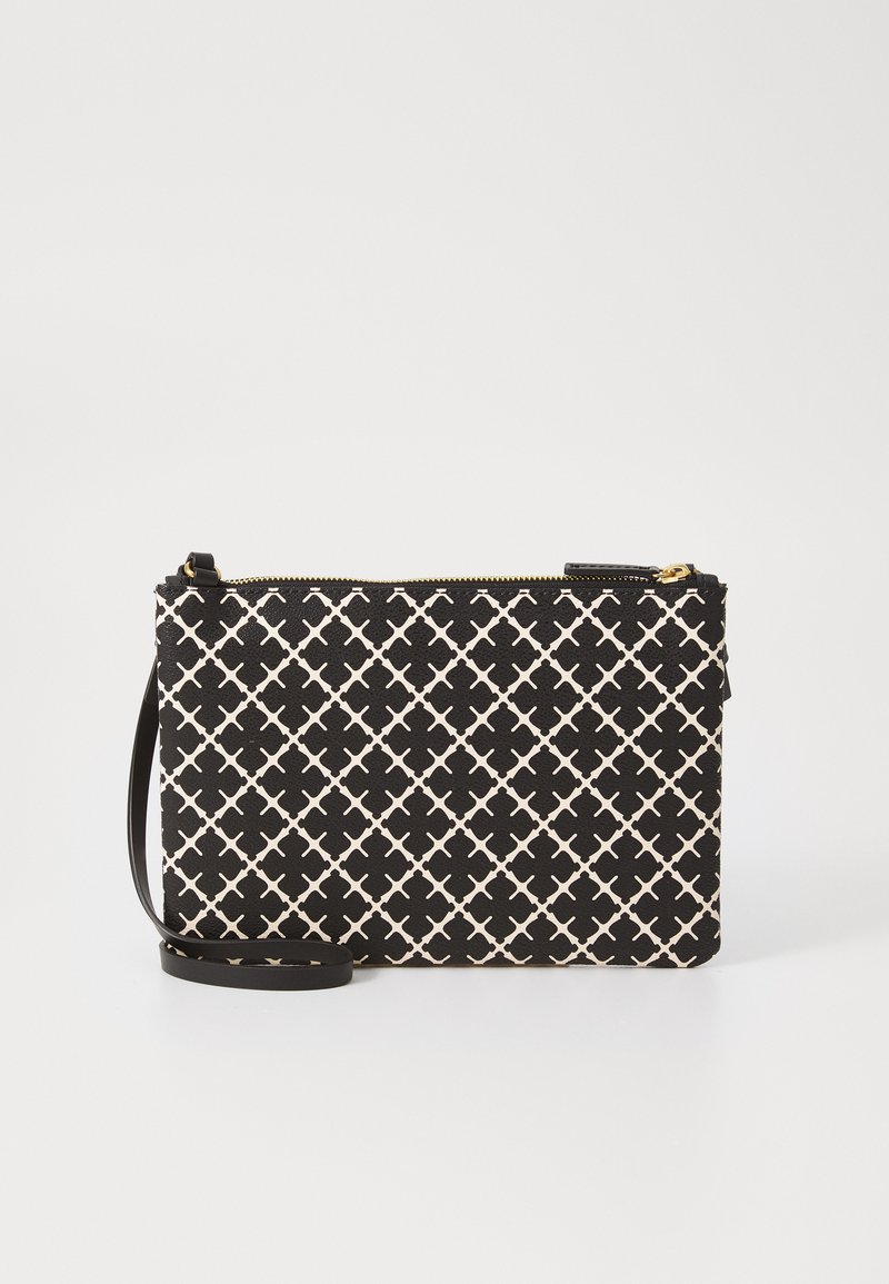 Black and cream pouch with geometric pattern, featuring a zip closure and a detachable strap. Textured fabric with a smooth finish.