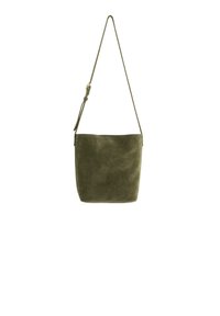 Olivengrønt ruskinds bucket bag med en enkelt justerbar rem, glat tekstur og minimalistisk design. Ingen hardware-detaljer er synlige.