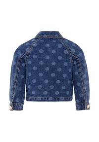 Giacca di jeans di colore blu scuro con pois blu chiaro, lunghezza cropped, maniche raglan e polsini con bottoni. Colletto classico e cuciture scure.