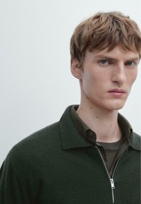 Zelený pletený svetr se zipem a límečkem, nošený přes tmavě zelenou košili. Hladká textura a minimální detaily.