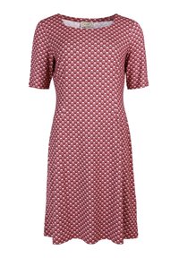 Rotes Kurzarmkleid mit einem kleinen weißen und rosa Blumenmuster, rundem Ausschnitt und knielangem Saum.