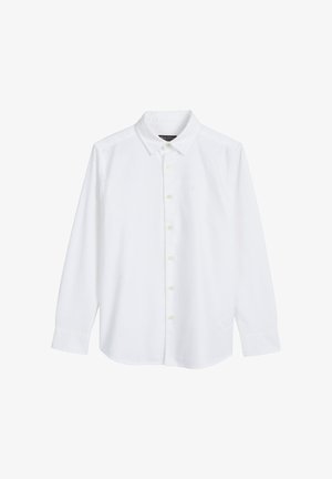 Weiße Langarm-Button-Down-Hemden aus Baumwollstoff. Verfügt über einen klassischen Kragen, vordere Knöpfe und ein dezent gesticktes Logo auf der Brust.