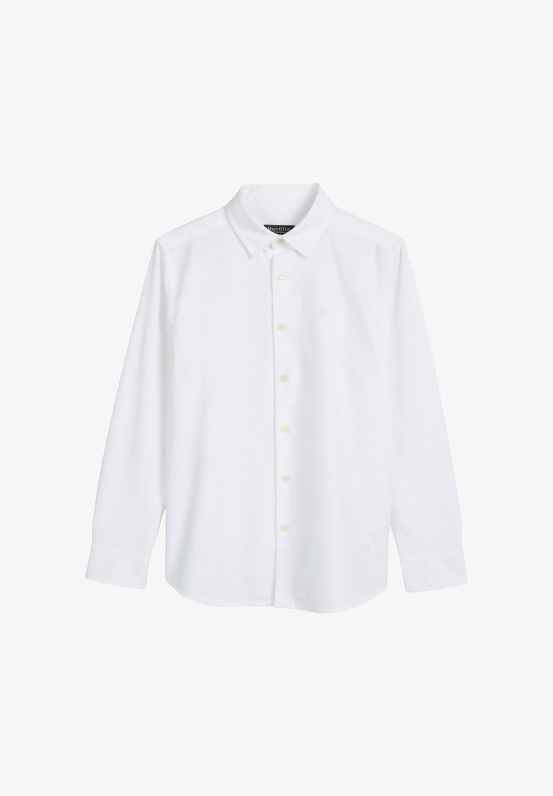 Biała koszula z długim rękawem zapinana na guziki, wykonana z bawełnianej tkaniny. Posiada klasyczny kołnierz, guziki z przodu oraz delikatnie wyszywane logo na klatce piersiowej.