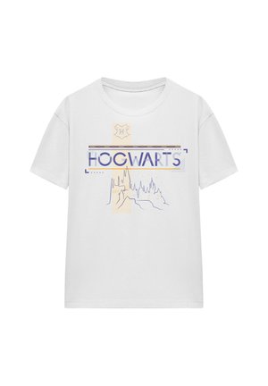 White T-shirt with "Hogwarts" text and a light sketch of the Hogwarts castle beneath, featuring faint yellow and blue design accents.