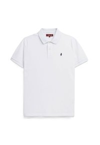 Polo shirt bianco in cotone, con colletto classico, due bottoni e un piccolo logo blu navy sul lato sinistro del petto. Maniche corte con risvolti.