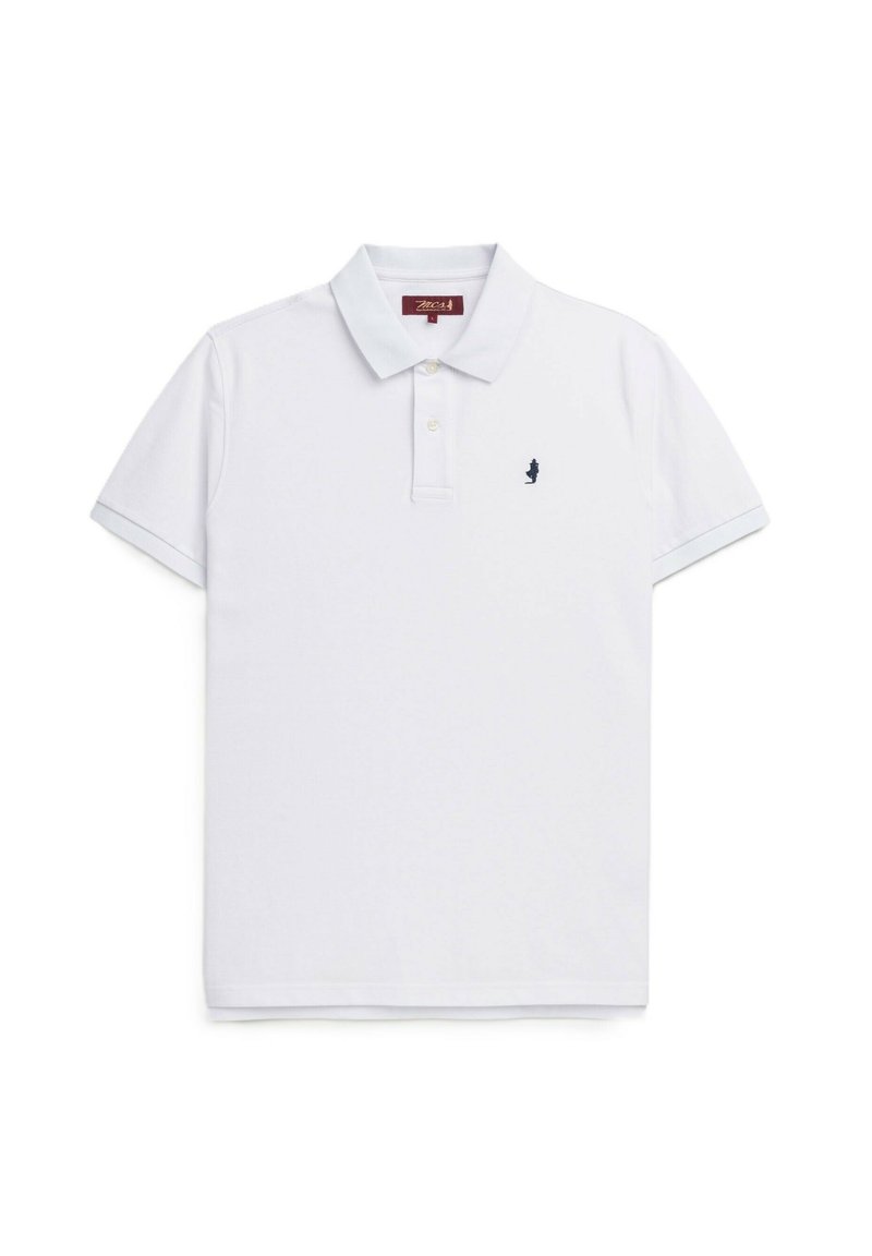 Polo shirt bianco in cotone, con colletto classico, due bottoni e un piccolo logo blu navy sul lato sinistro del petto. Maniche corte con risvolti.
