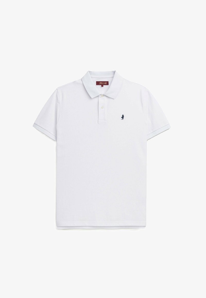 Polo shirt bianco in cotone, con colletto classico, due bottoni e un piccolo logo blu navy sul lato sinistro del petto. Maniche corte con risvolti.