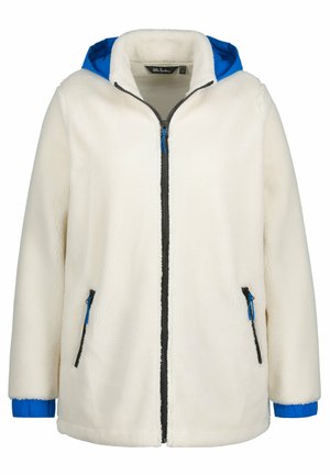 Kermavin fleecetakki sinisellä hupulla. Varustettu mustilla vetoketjullisilla taskuilla ja etuvetoketjukiinnityksellä. Pehmeä pinta, rento malli.