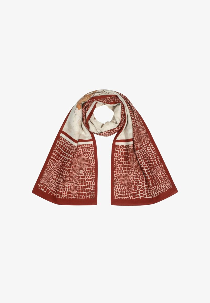 Sciarpa di seta con bordo rosso mattone e centro crema. Il centro presenta un motivo a coccodrillo testurizzato e un disegno astratto.