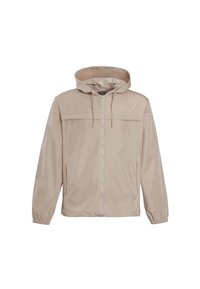 Ljusbeige, huva jacka tillverkad av slätt, vattenavvisande tyg. Har en framdragbar dragkedja, elastiska ärmslut och en horisontell bröstficka.