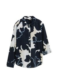 Zwart-wit gestreemd shirt met blauwe accenten, met een kraag, lange mouwen en een knoopsluiting aan de voorkant. Glad materiaal, ontspannen pasvorm.