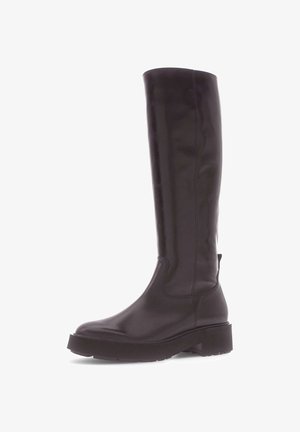 Knee-high black leather boot with a sleek design, rounded toe, thick sole, and subtle stitching details. Smooth texture, minimal accents.