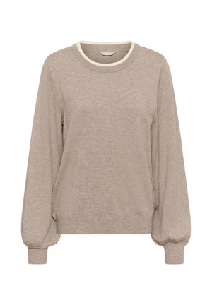 Pull en tricot beige avec de longues manches bouffantes, des poignets et un ourlet côtelés, un col rond avec des bordures contrastantes en blanc cassé.