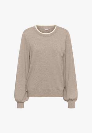 Pull en tricot beige avec de longues manches bouffantes, des poignets et un ourlet côtelés, un col rond avec des bordures contrastantes en blanc cassé.