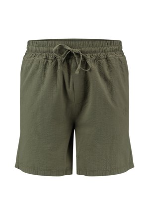 Shorts de bain pour hommes en vert olive avec une taille élastique et un cordon de serrage à l'avant, fabriqués dans un tissu texturé, présentés sur un fond blanc.