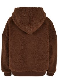 Bruine fleece hoodie met een gestructureerde afwerking, voorzien van een capuchon, geribbelde manchetten en een geribbelde onderrand. Het ontwerp is oversized en casual.