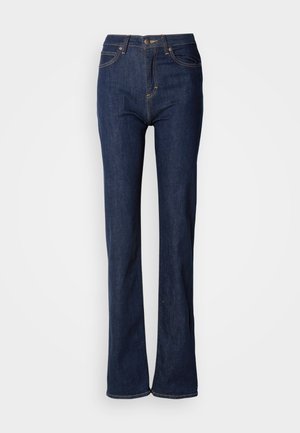 Donkerblauwe uitlopende jeans van denim, met een hoge taille, subtiele contraststiksel en een klassieke vijf-pocketstijl.