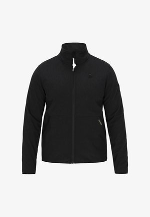 Juodas užtrauktuku užsegamas džemperis su aukšta apykakle, pagamintas iš minkštos medžiagos su subtiliu raštu, šoniniais kišenėmis ir prekės ženklo logo ant krūtinės.