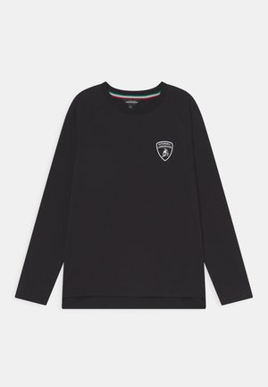 Czarna bluza z długimi rękawami z małym białym logo Automobili Lamborghini na lewej piersi oraz trójkolorowymi detalami wewnątrz kołnierza.