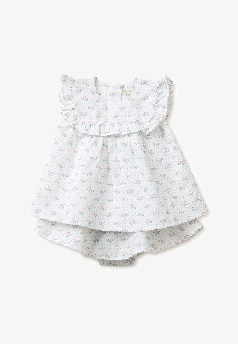 Robe blanche bébé avec col à volants et manches courtes, dotée d’un motif à pois arc-en-ciel pastel et bloomer assorti en dessous.
