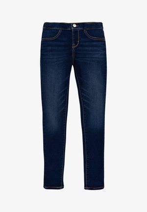 Jeans de denim azul oscuro con un ajuste Slim, diseño de cinco bolsillos, detalle de costura visible y cierre de botón de metal en la cintura.
