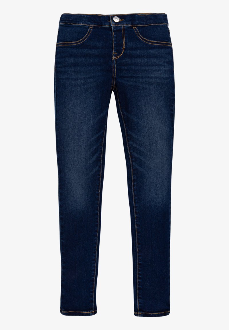 Jeans in denim blu scuro con vestibilità slim, design a cinque tasche, dettagli di cucitura visibili e chiusura con bottone metallico in vita.