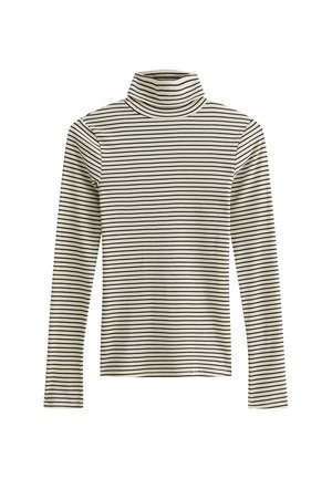 Maglione a collo alto a righe in crema con sottili righe orizzontali nere. Texture a costine, maniche lunghe, design aderente. Nessun hardware o accenti notevoli.