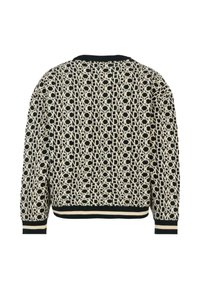Czarny i kremowy sweter dzianinowy z powtarzającym się wzorem logo, okrągłym dekoltem oraz ściągaczami i dołem z kontrastującymi paskami.