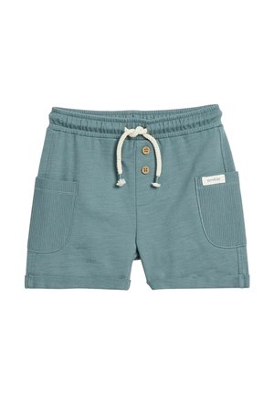 Petrolkleurige katoenen peutershort met elastische tailleband, wit trekkoord, twee houten knopen, voorzakken en een klein "newbie" label.