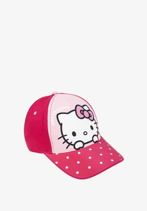 Cappello rosso e rosa con pois bianchi; presenta una grafica di Hello Kitty con un fiocco rosa nella parte anteriore; realizzato in tessuto.