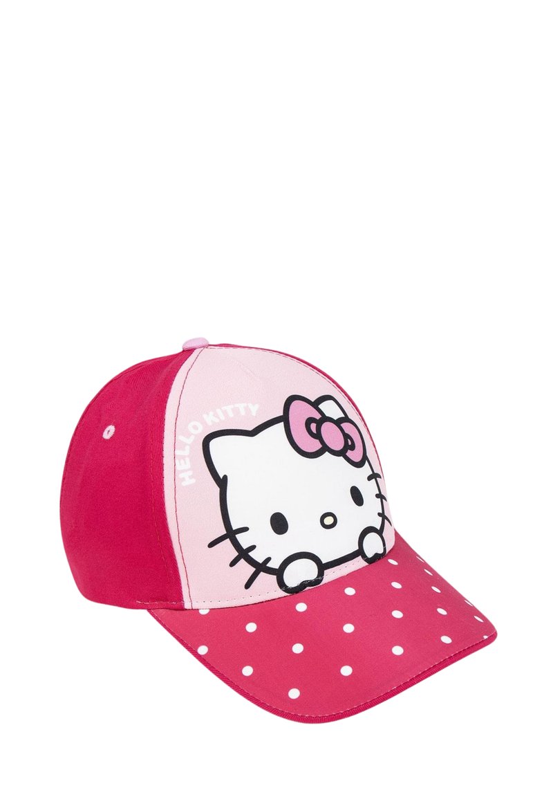 Casquette rouge et rose à pois blancs; présente un graphique de Hello Kitty avec un nœud rose à l'avant; fabriquée en tissu.