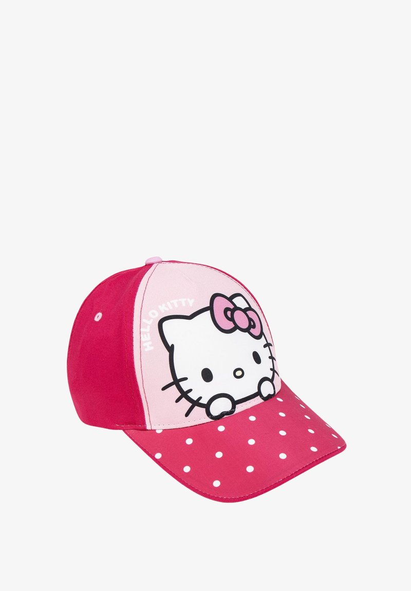 Casquette rouge et rose à pois blancs; présente un graphique de Hello Kitty avec un nœud rose à l'avant; fabriquée en tissu.