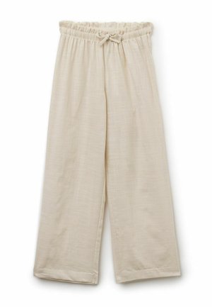 Pantalon beige à jambes larges avec taille élastique et lien à nouer, fabriqué en tissu léger texturé, présenté à plat sur un fond blanc.