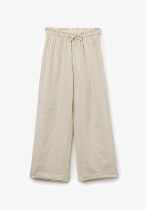 Pantalon beige à jambes larges avec taille élastique et lien à nouer, fabriqué en tissu léger texturé, présenté à plat sur un fond blanc.