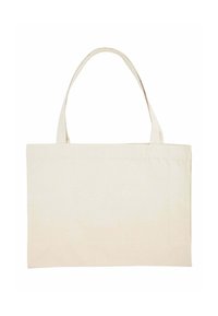Borsa a tracolla in cotone beige con due manici, forma rettangolare, superficie liscia e bordi cuciti. Ideale per lo shopping o l'uso quotidiano.