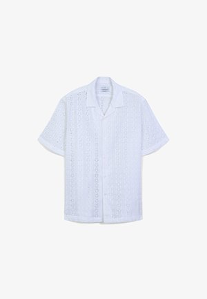 Weißes kurzärmliges Hemd mit einem Laser-Cut-Ösenmuster. Leichter Stoff, lockere Passform, mit durchgehendem Knopfverschluss und Kragen.