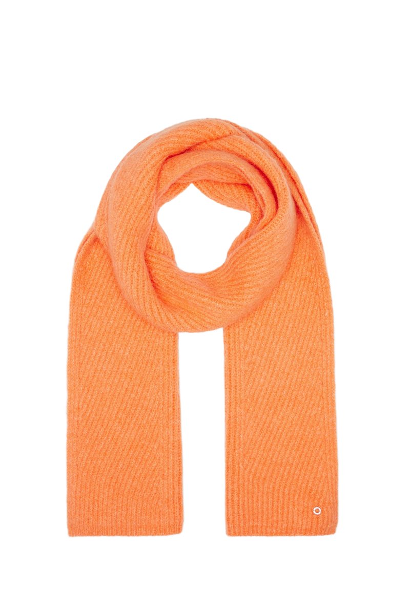 Écharpe tricotée orange avec une texture côtelée, présentant un design simple et un petit détail logo à une extrémité. Tissu doux et chaud.